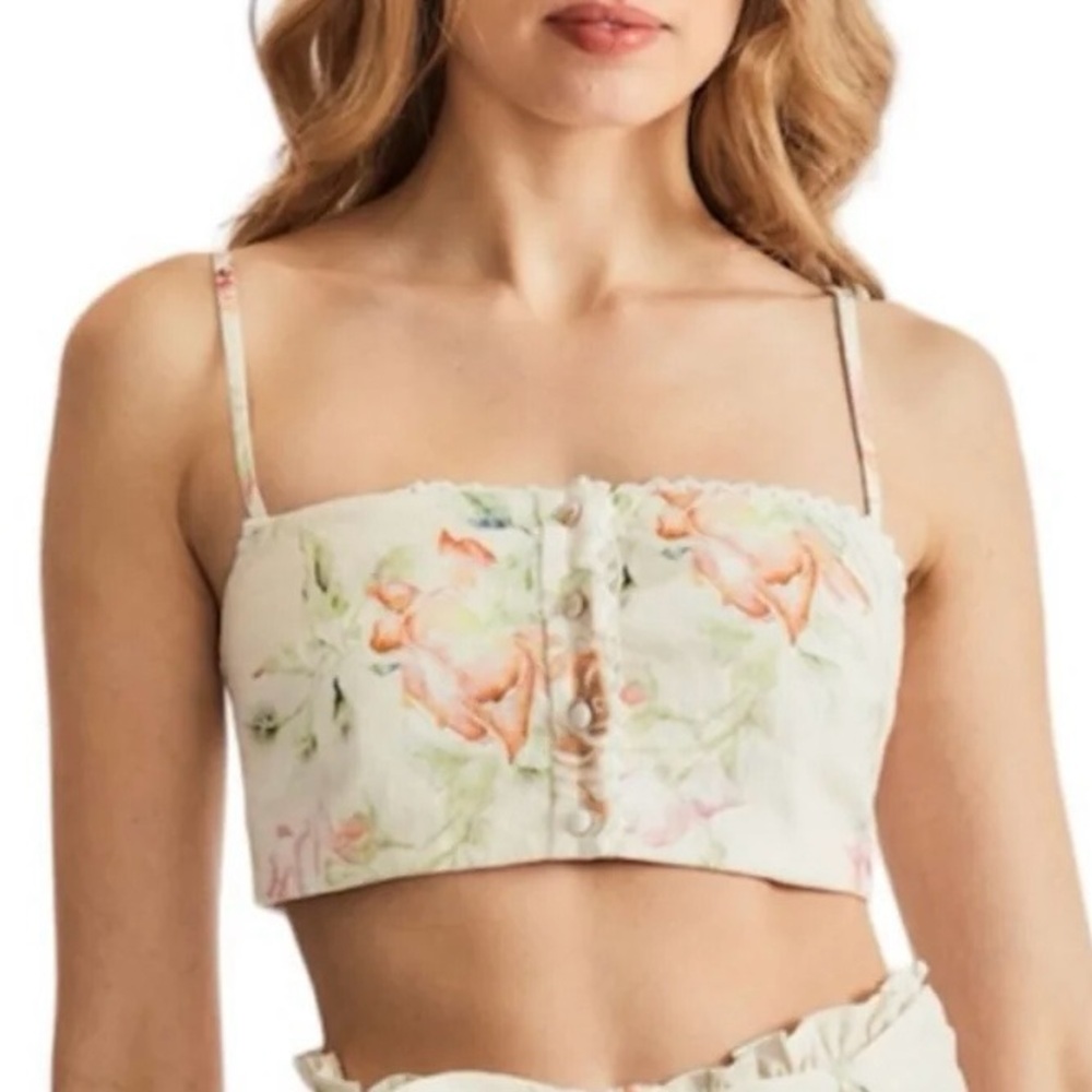 CAROLINE CONSTAS Linen Floral Rose Crop Top Large L NEW NWOT